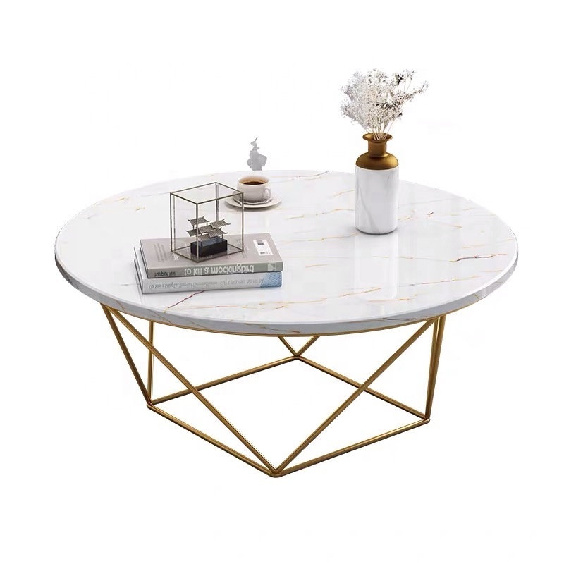 SWT Decoration Luxury Gold Round Marble Coffee Table For Livingroom