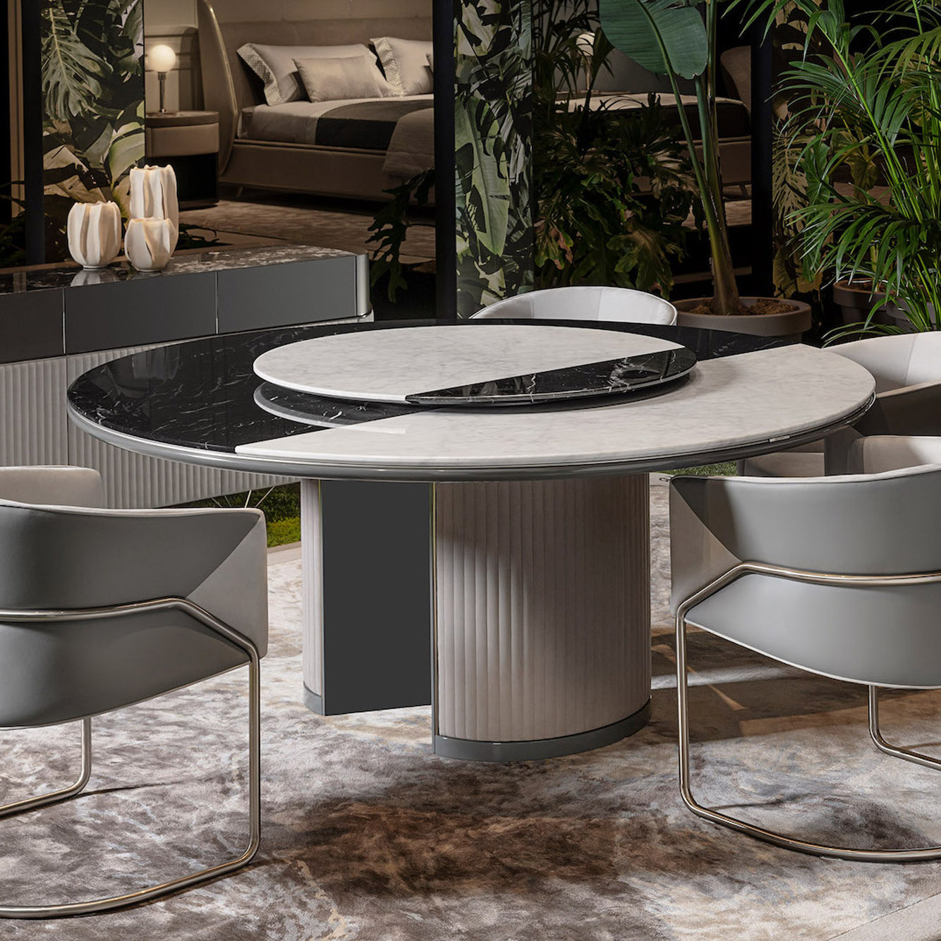 Italian Marble Designer Circular Round Modern Dining Table Black Tempered Glass Set 6 8 Seater Light Luxury Round Dining Table