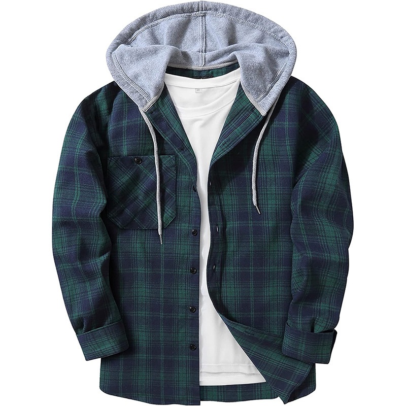 High quality factory plus size casual pocket shirt fashion men's plaid hoodie fleece flannel shirts jackets