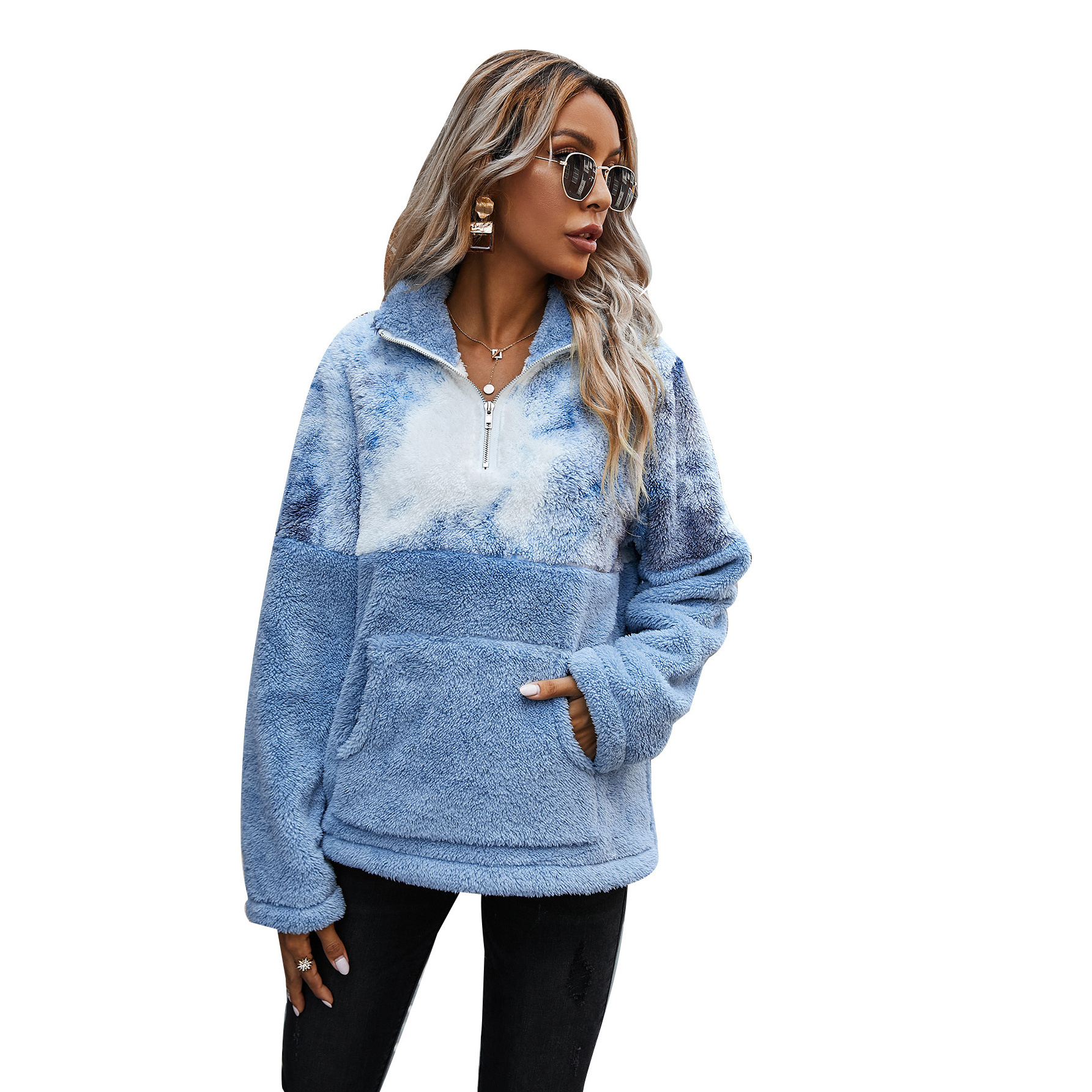 New Winter Women 1/4 Zip Sherpa Pullover Fleece Hoodies, Faux Fur Coat Splicing Pockets Tie Dye Printed Thick Hoodies