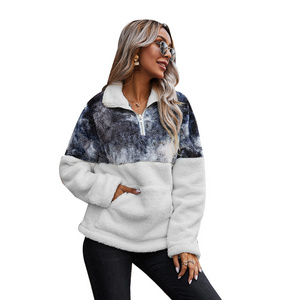 New Winter Women 1/4 Zip Sherpa Pullover Fleece Hoodies, Faux Fur Coat Splicing Pockets Tie Dye Printed Thick Hoodies