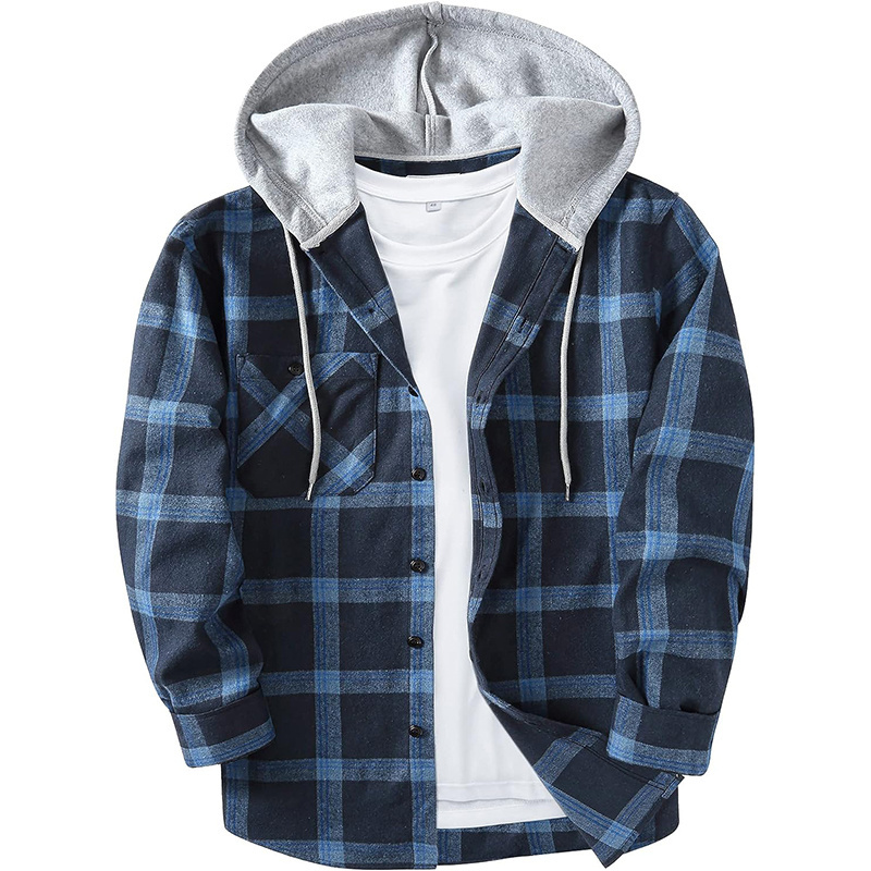 High quality factory plus size casual pocket shirt fashion men's plaid hoodie fleece flannel shirts jackets