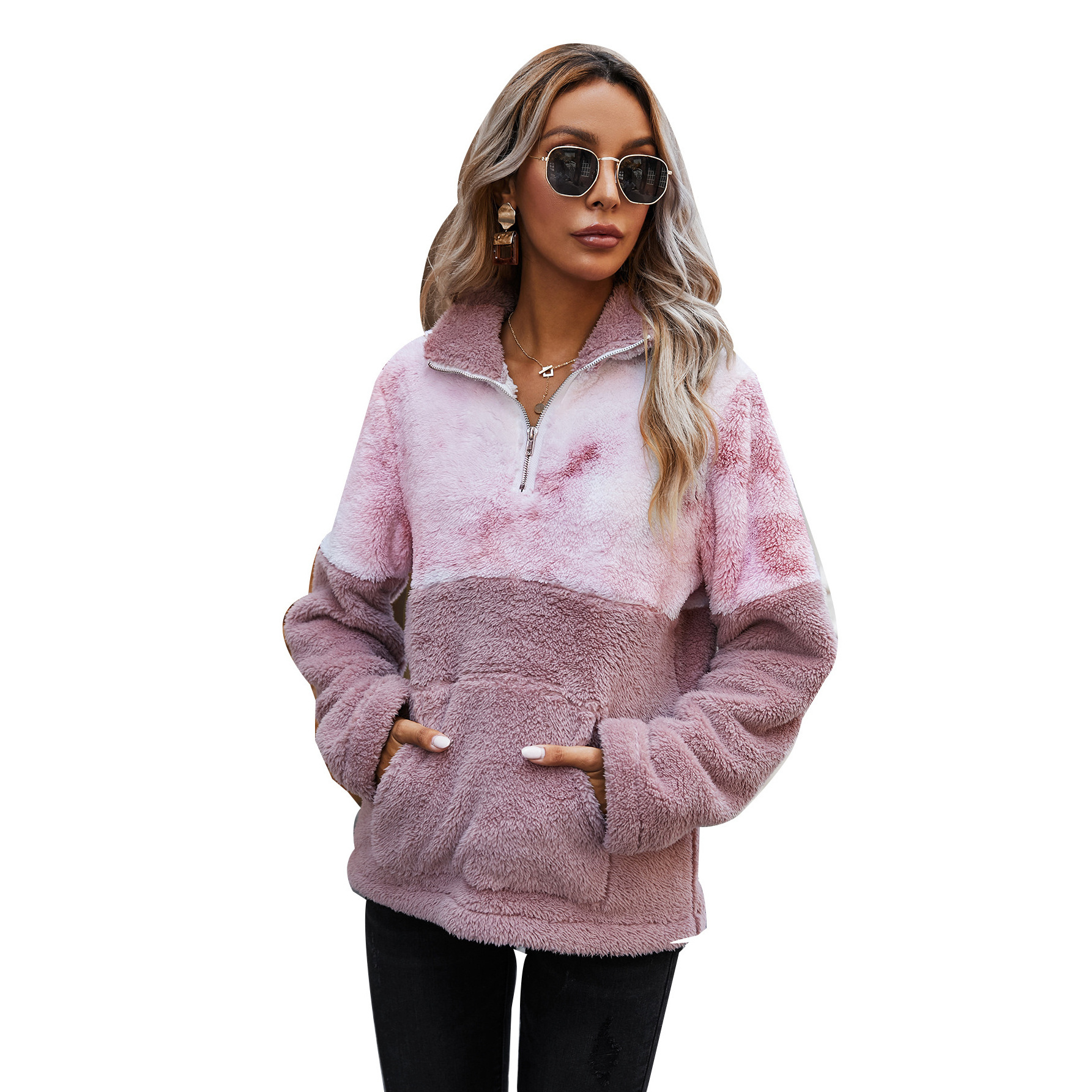 New Winter Women 1/4 Zip Sherpa Pullover Fleece Hoodies, Faux Fur Coat Splicing Pockets Tie Dye Printed Thick Hoodies