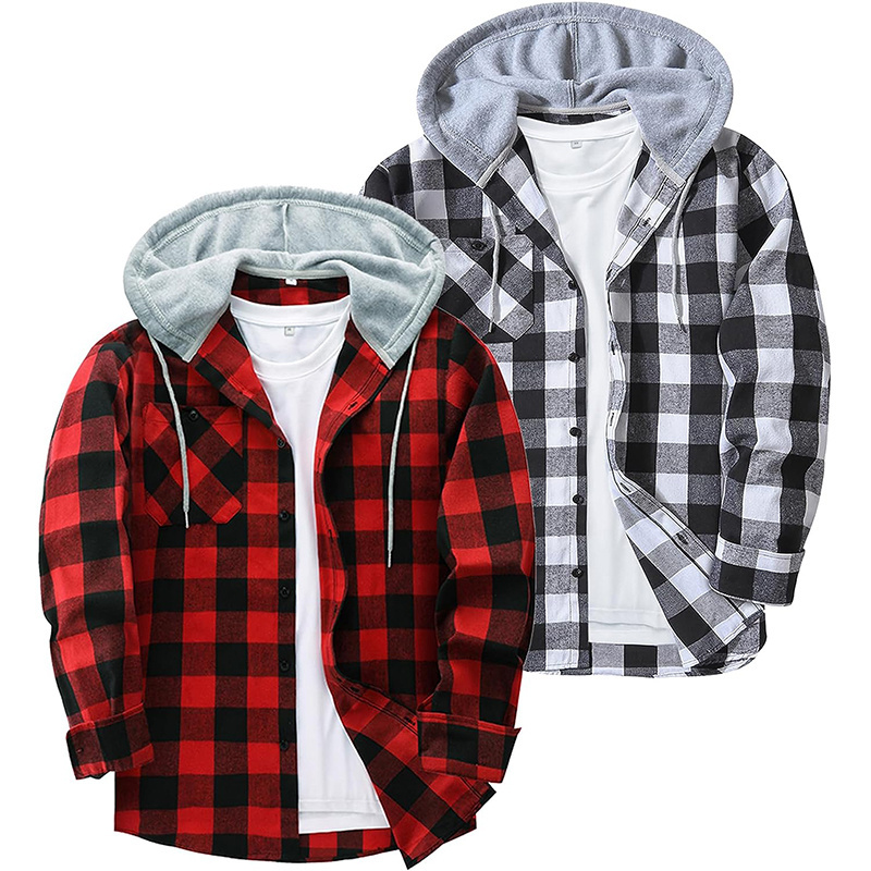 High quality factory plus size casual pocket shirt fashion men's plaid hoodie fleece flannel shirts jackets