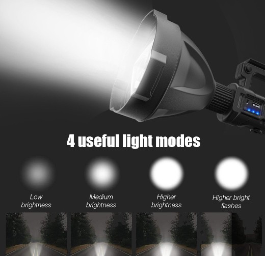 High Lumens 1000 Lumens 6 Modes Waterproof Searchlight Rechargeable Handheld Spotlight Flashlight with side light