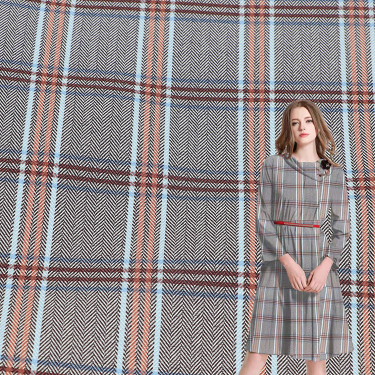 China factory yarn dyed 95% polyester 5% spandex plaid check herringbone Woven Fabric for ladies dress