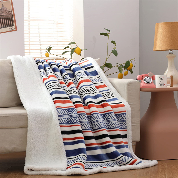 Custom Boho Stripe Digital Printing Home Throw Blankets Sherpa Flannel Blanket