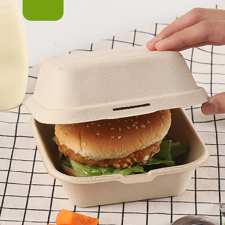 Disposable Free Customized  Hamburger Box Container Paper Pulp Sugarcane Burger Box Food Sandwich Packaging Box