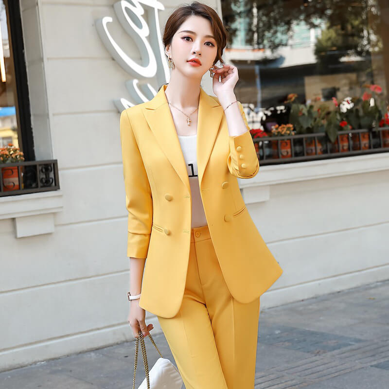 Fashion office women lady suit yellow 2 pieces cheap closure single breasted slim fit collar woman ladies suit