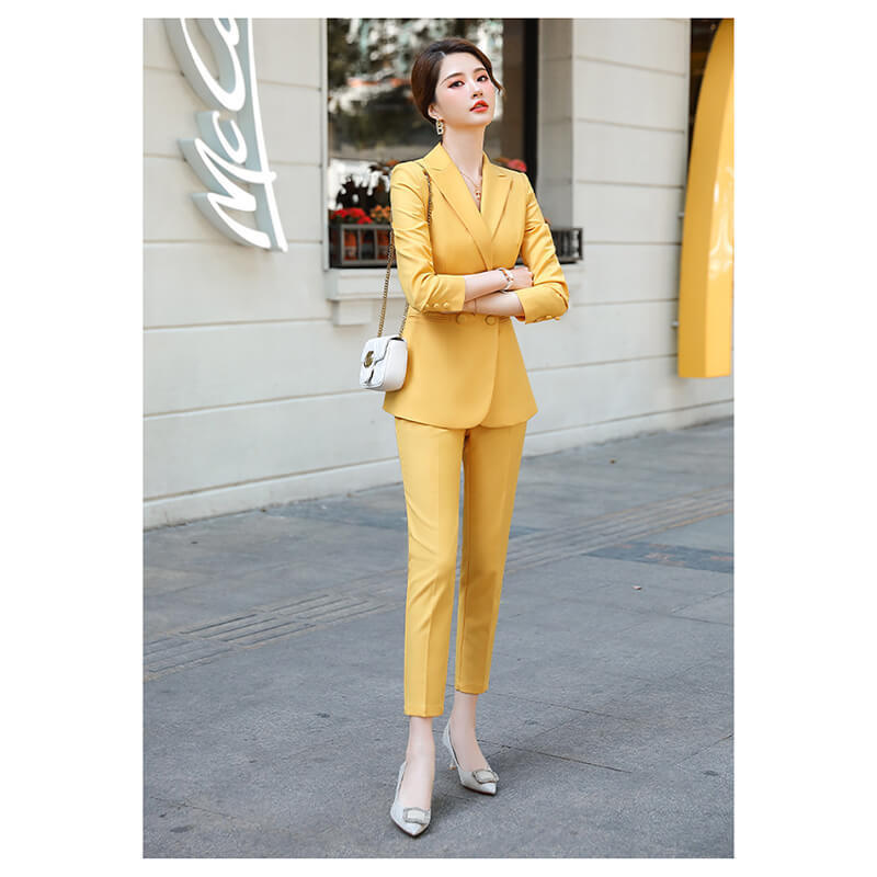 Fashion office women lady suit yellow 2 pieces cheap closure single breasted slim fit collar woman ladies suit