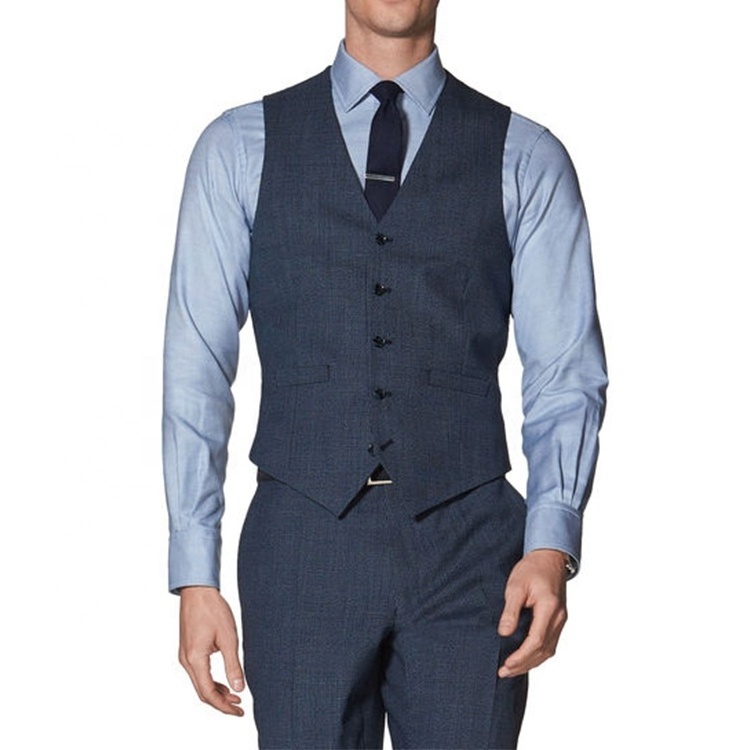 Blue navy slim MTM half full canvas Japanese Spain 3 piece vest waistcoat plaid business mens blue suit