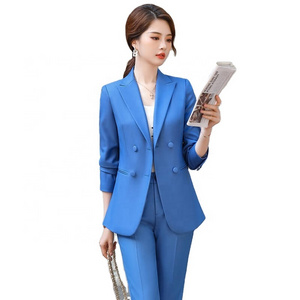 Fashion office women lady suit yellow 2 pieces cheap closure single breasted slim fit collar woman ladies suit