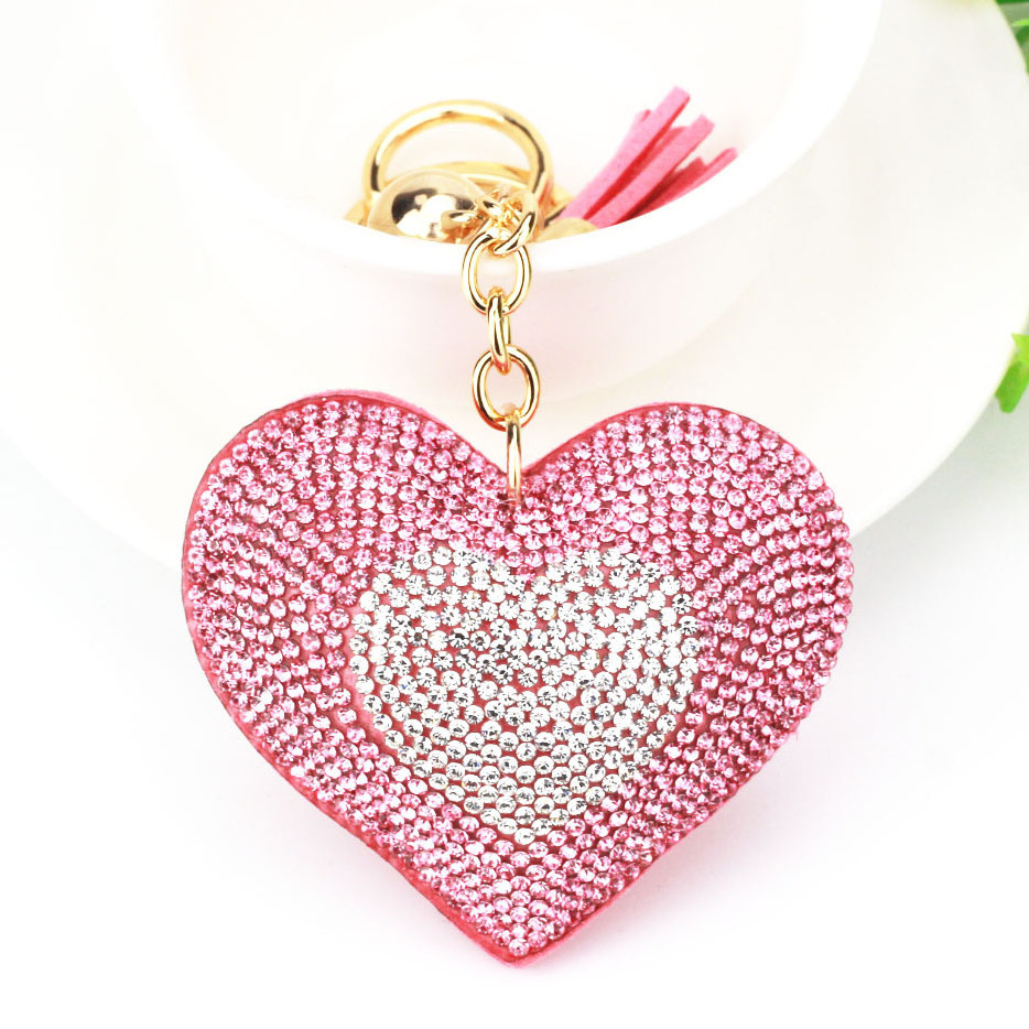 Personalized Leather Keychain Girl's Romantic Rhinestone Heart Design Pendant Key Chains Rhinestone Bag Keychain Charm Holder