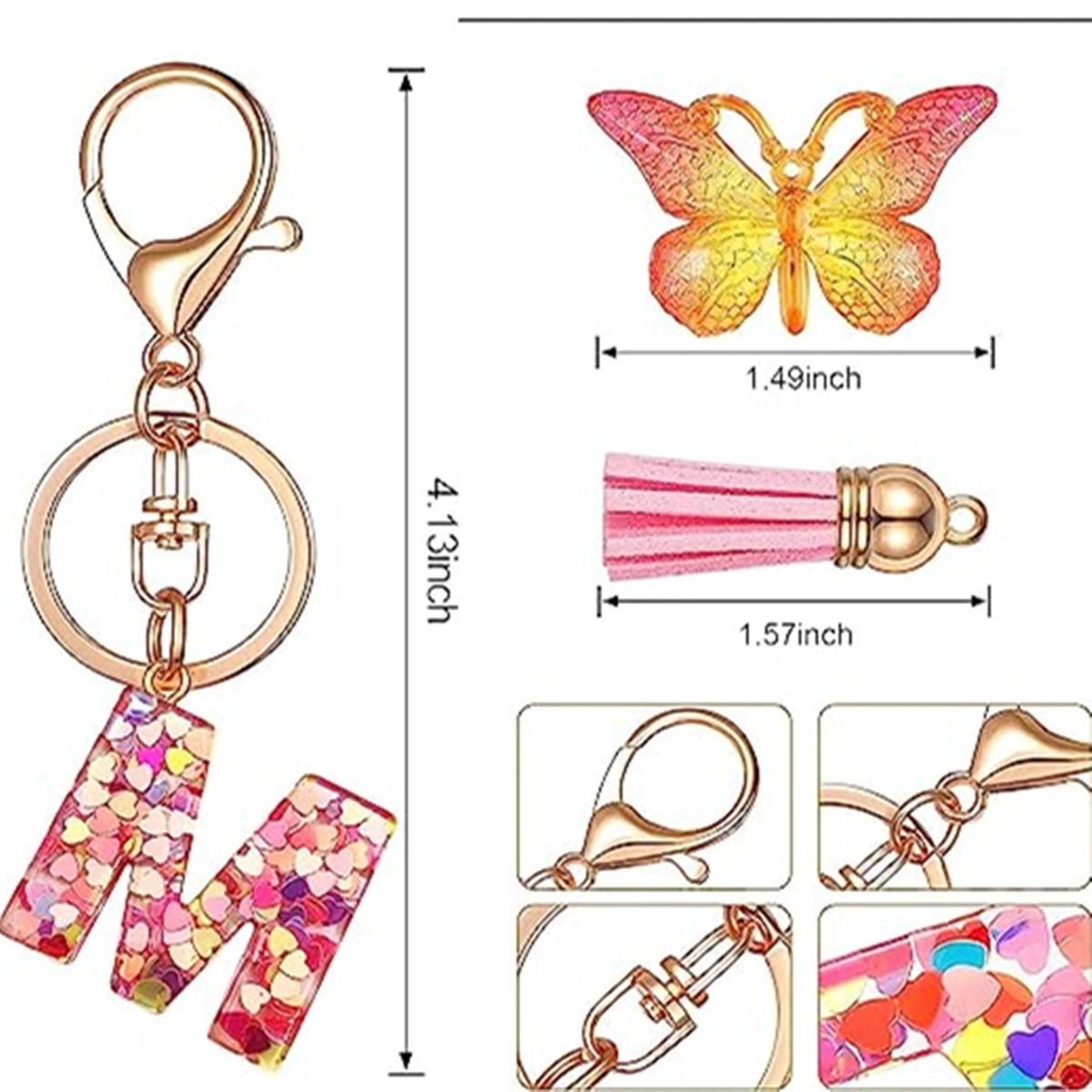 New Cross-border Resin Colorful Heart 26 Letters Key Chain Alphabet Tassel Keyring With Butterfly Pendant Alphabet Keychain