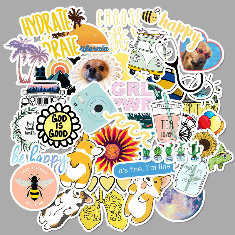 50Pcs INS Style Sticker Customize Stickers Waterproof Personalized Labels Children School Stationery Water Bottle Flower sticker