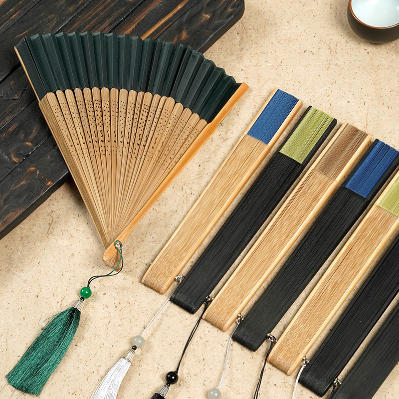 Custom Logo Wooden Bamboo Ribs Folding  Fan Silk Hollow Oriental Chinese Style Hand Fans For Wedding Tassel Hand Fans Gift