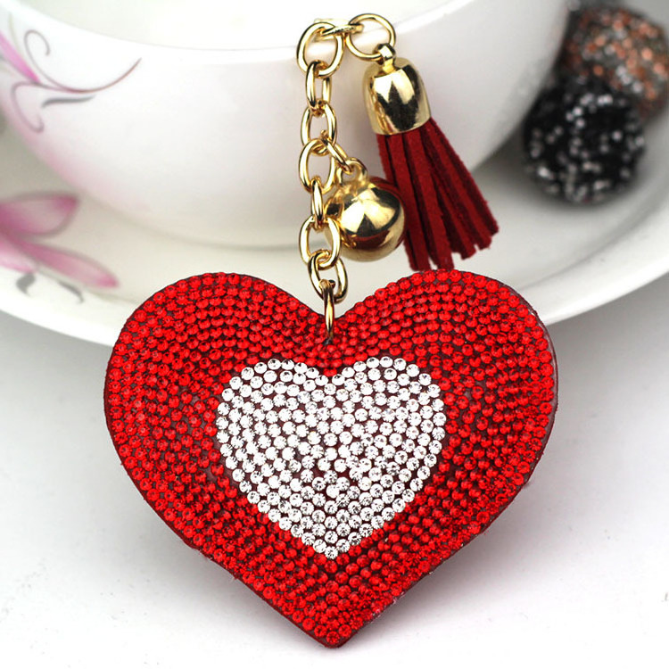 Personalized Leather Keychain Girl's Romantic Rhinestone Heart Design Pendant Key Chains Rhinestone Bag Keychain Charm Holder