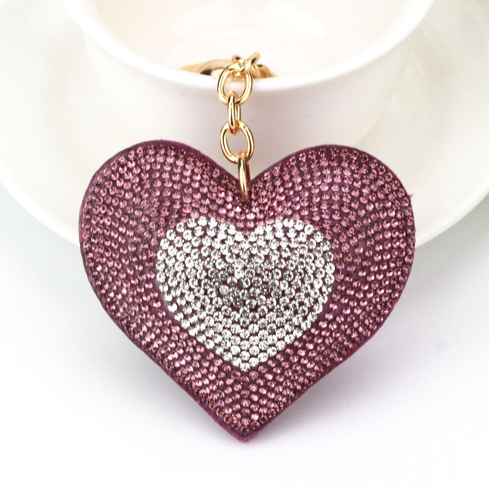 Personalized Leather Keychain Girl's Romantic Rhinestone Heart Design Pendant Key Chains Rhinestone Bag Keychain Charm Holder