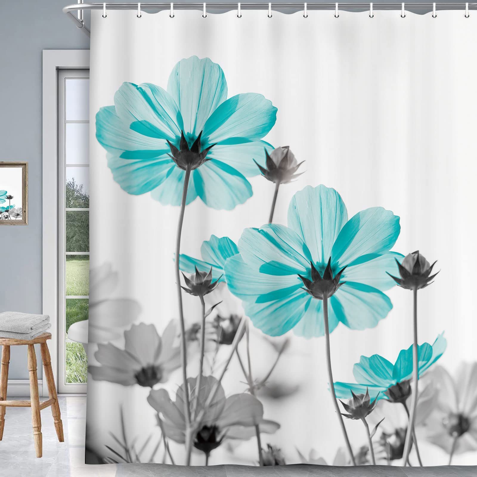 Unique Floral  Teal and Gray Daisy Flower Elegant Wildflower Design Farmhouse Shower Curtains with Hooks Set