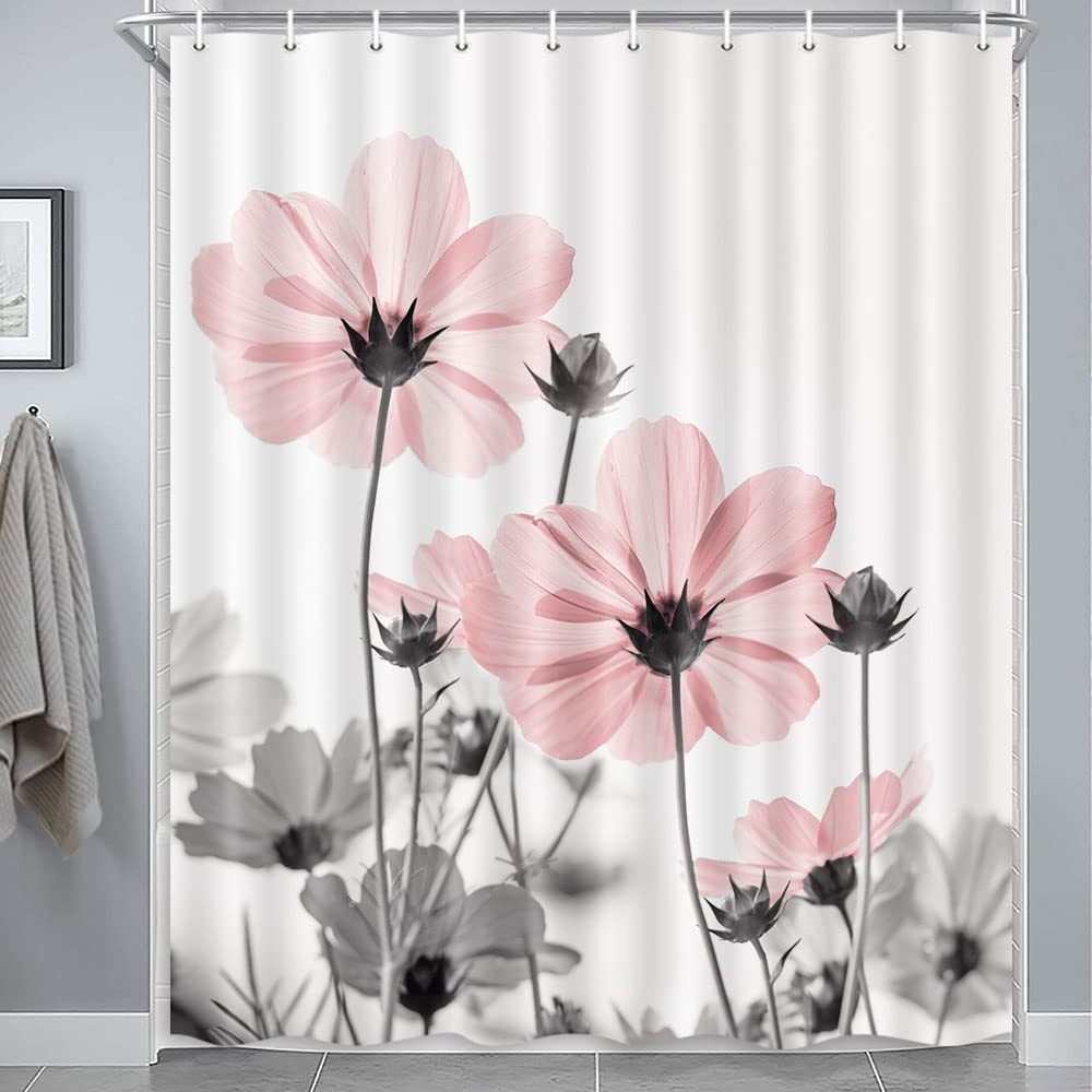 Unique Floral  Teal and Gray Daisy Flower Elegant Wildflower Design Farmhouse Shower Curtains with Hooks Set