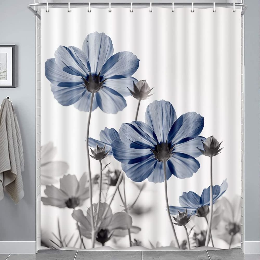 Unique Floral  Teal and Gray Daisy Flower Elegant Wildflower Design Farmhouse Shower Curtains with Hooks Set