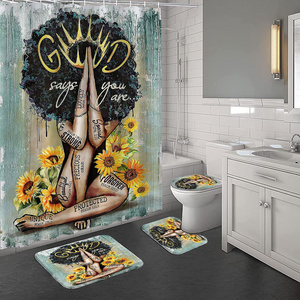 Waterproof Fabric 3D Print Deco Black Girl African Style Bathroom Shower Curtain Set 4 Pieces