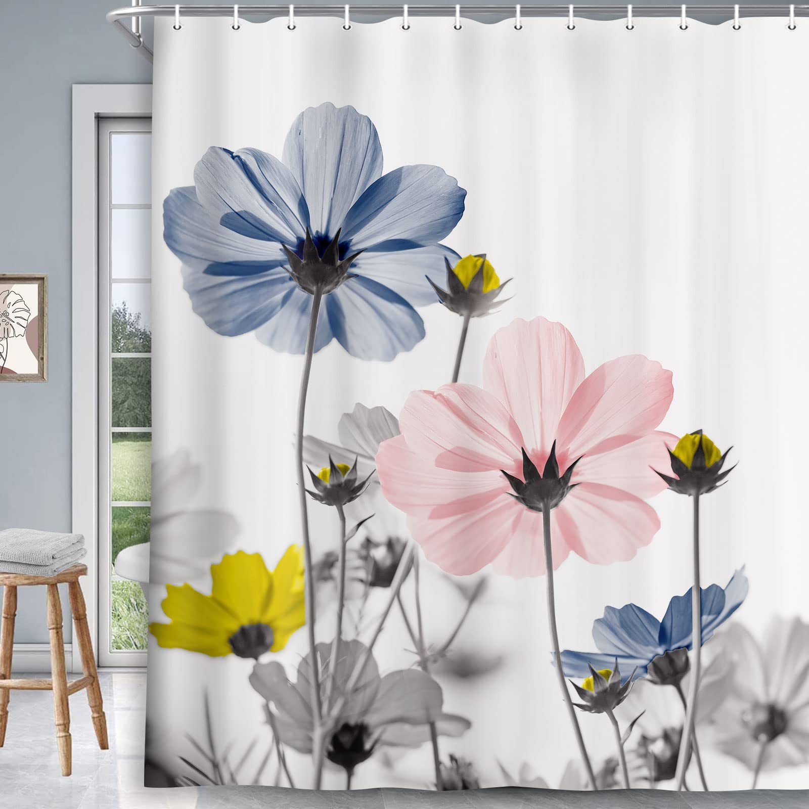 Unique Floral  Teal and Gray Daisy Flower Elegant Wildflower Design Farmhouse Shower Curtains with Hooks Set