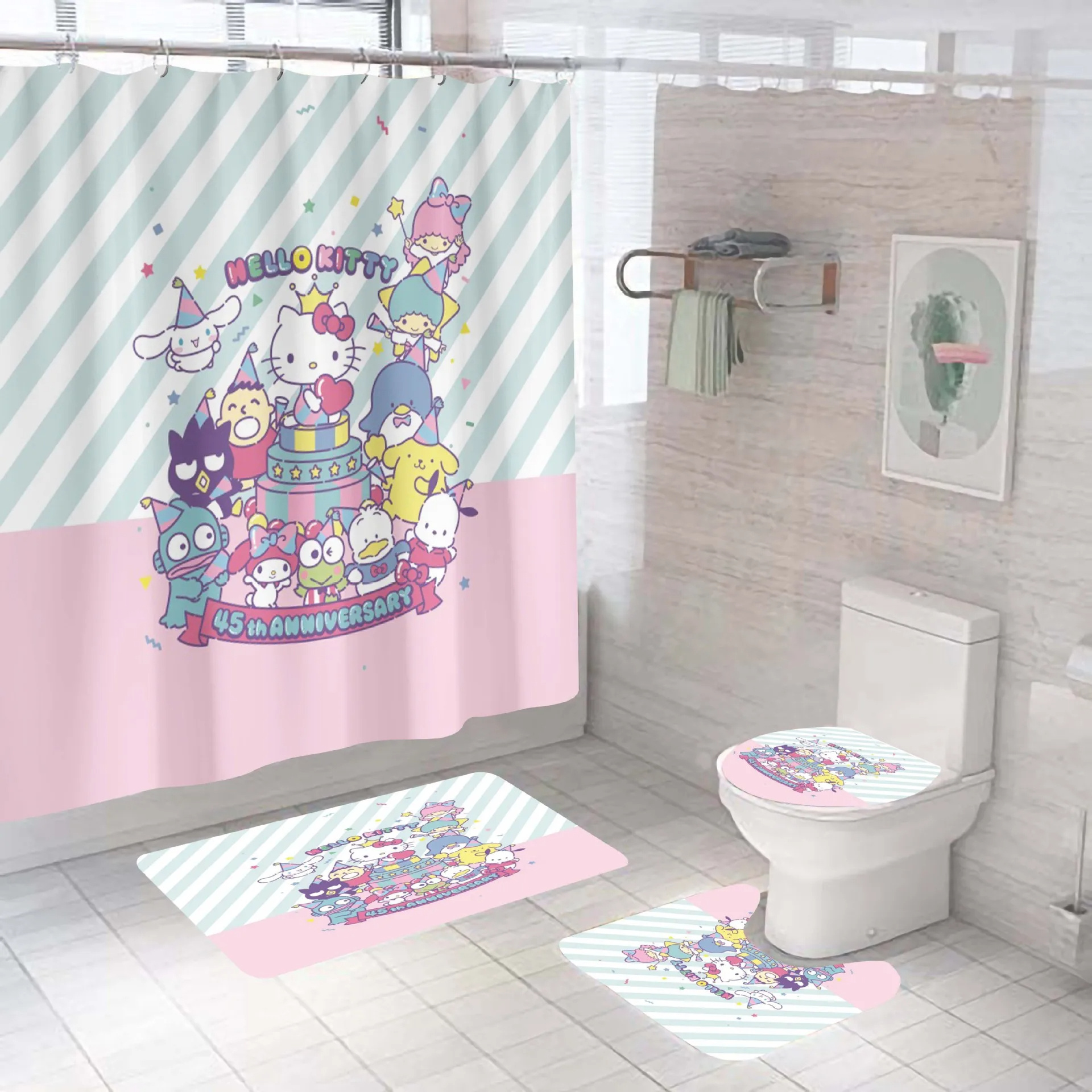 Hellokitty Kuromi Mymelody Cartoon Curtains Waterproof Polyester Shower Curtain With Hook