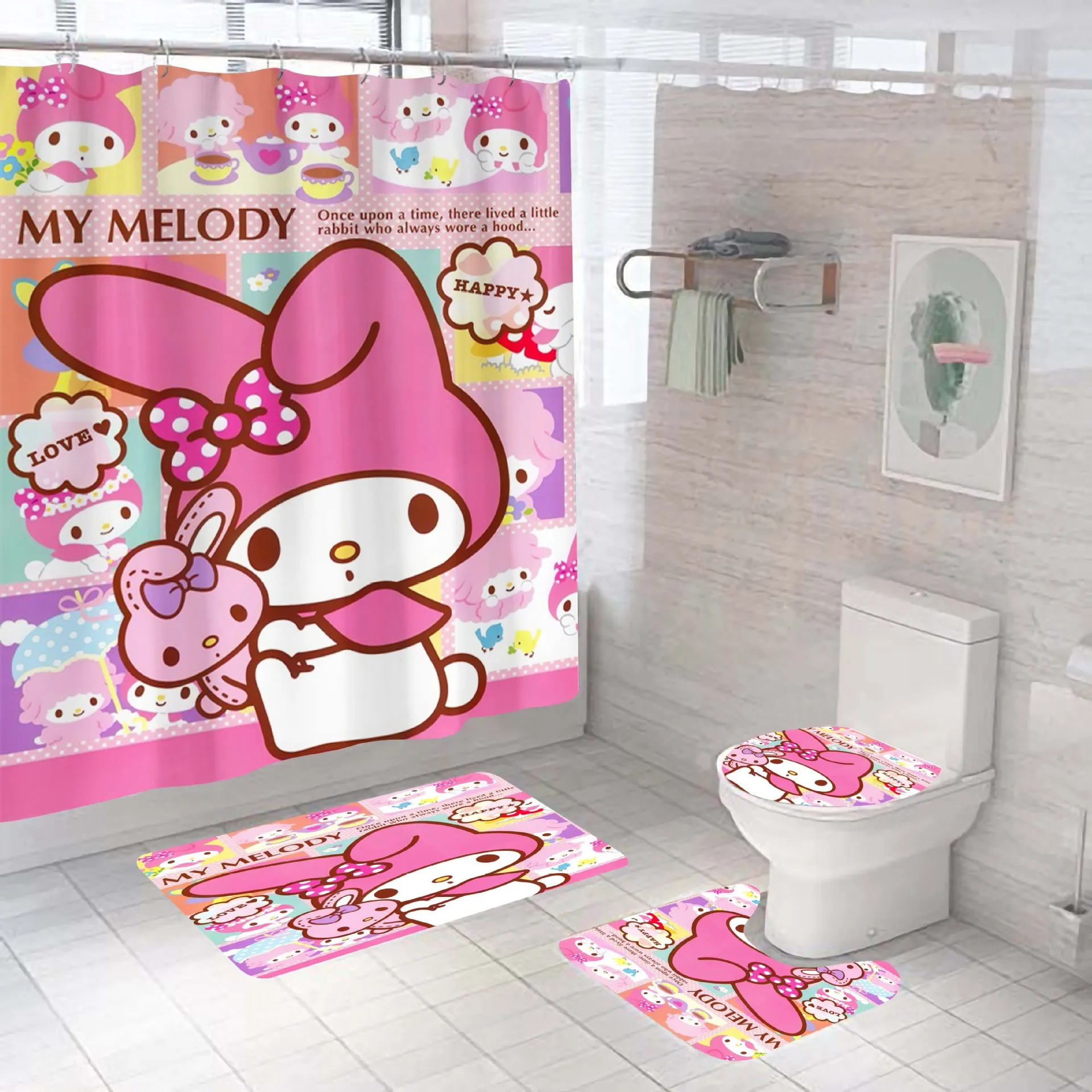 Hellokitty Kuromi Mymelody Cartoon Curtains Waterproof Polyester Shower Curtain With Hook