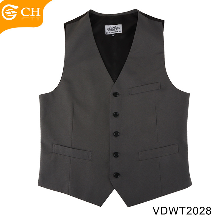 Professional Supplier Five Buttons Chaleco Woven Solid Vest With Satin Lining Custom 100% Polyester Black Waistcoat Vest For Men