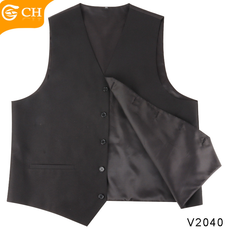 Professional Supplier Five Buttons Chaleco Woven Solid Vest With Satin Lining Custom 100% Polyester Black Waistcoat Vest For Men