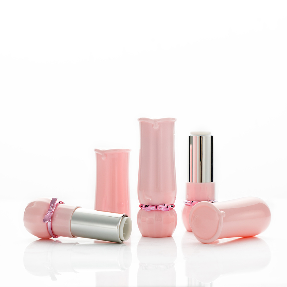 Wholesale pink empty  lipstick diy homemade bow lipstick tube, empty plastic pink cute style tube packaging