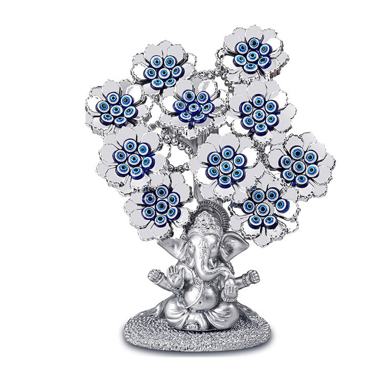 Evil Eye Flowers Lucky Tree with Silver Ganesha Hindu Elephant God Statue Home Office Feng Shui Protection Ornament Blessing