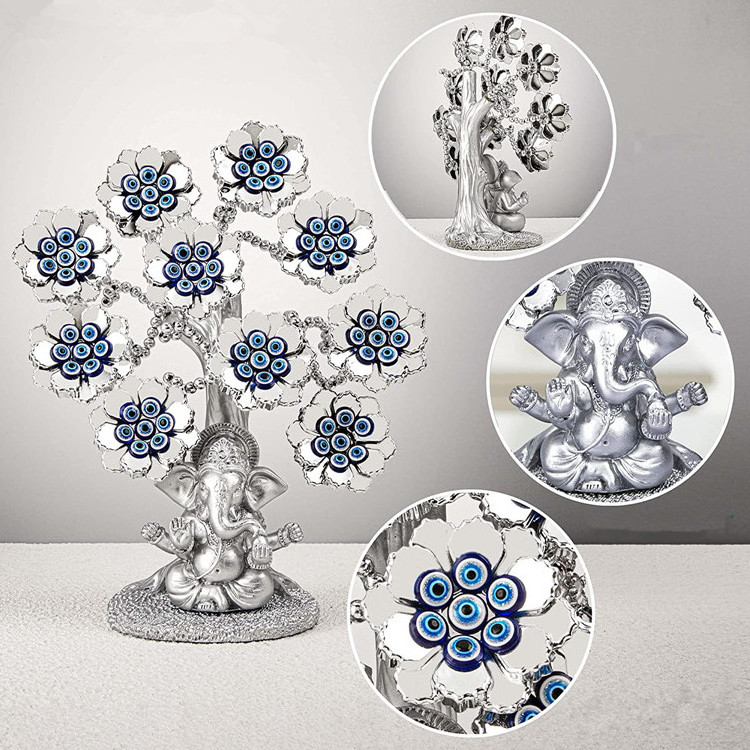 Evil Eye Flowers Lucky Tree with Silver Ganesha Hindu Elephant God Statue Home Office Feng Shui Protection Ornament Blessing