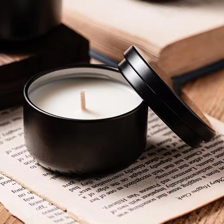 Factory Direct Price Plant Essential Oil High Quality Luxury Black Tin Jar Soy Wax Tealight Candle Scented Candle for Trip