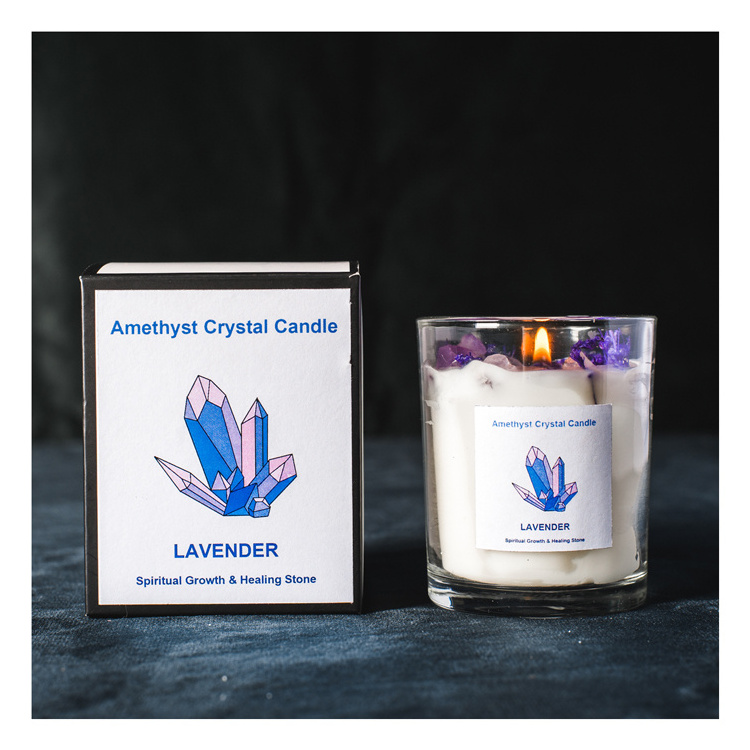 Custom Wholesale Label Aroma Therapy Luxury Scented Soy Candle with Crystals Scent Glass Jar Eco Friendly Wax Soy Candle