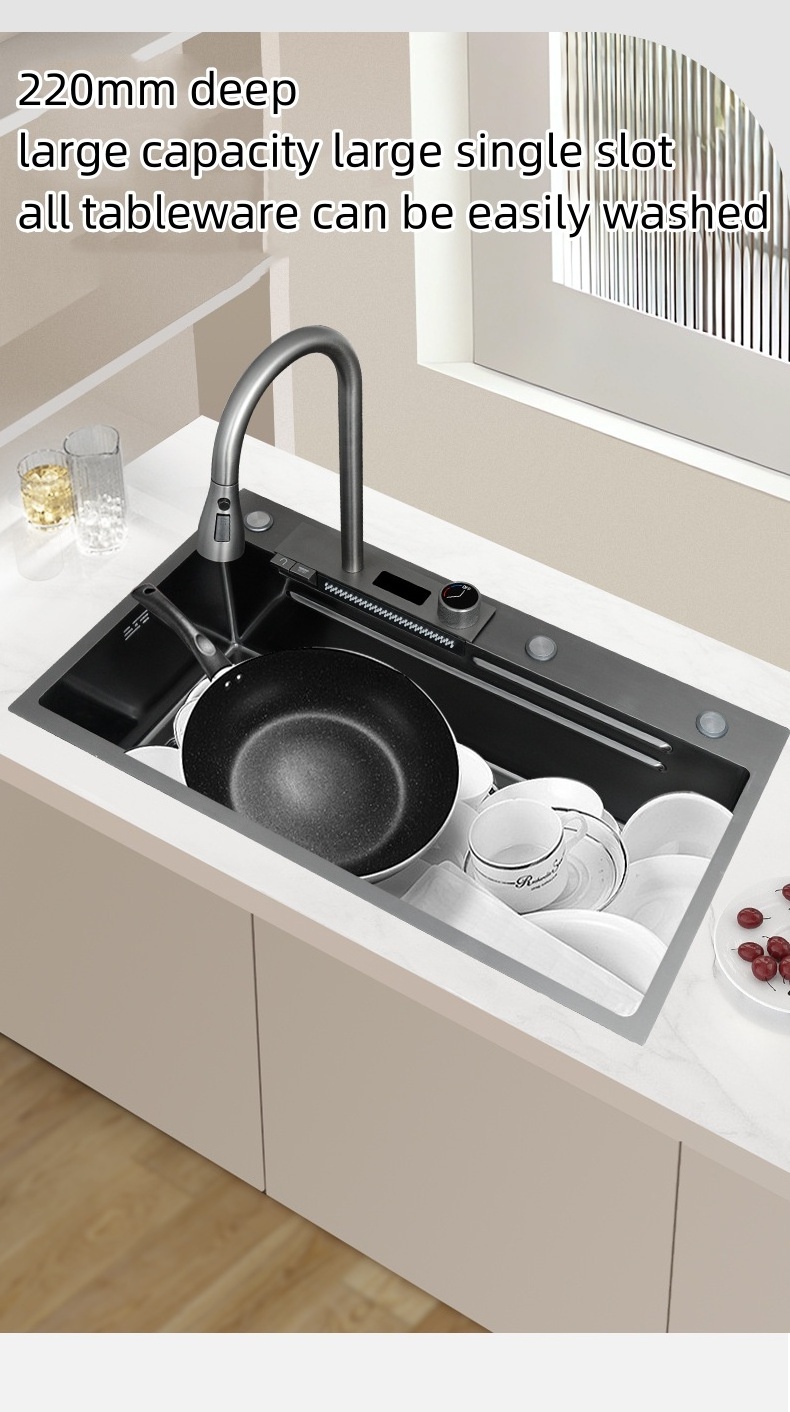 New Trend 304 SS Multifunctional One Piece Automatic Cup Washer Two Waterfall Faucet Kitchen Sinks