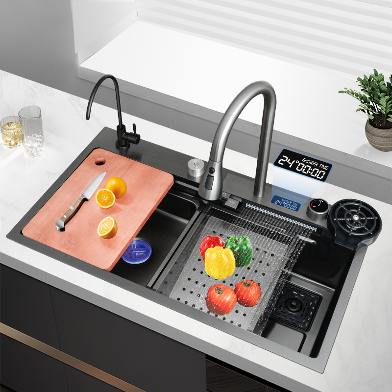 New Trend 304 SS Multifunctional One Piece Automatic Cup Washer Two Waterfall Faucet Kitchen Sinks