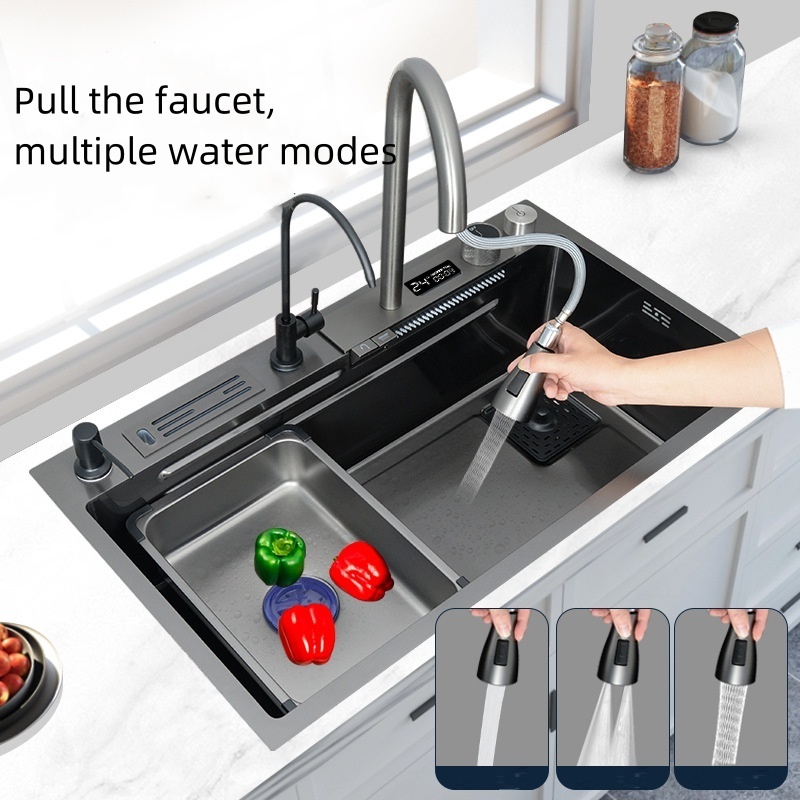 New Trend 304 SS Multifunctional One Piece Automatic Cup Washer Two Waterfall Faucet Kitchen Sinks