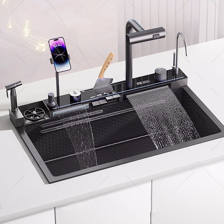 Multifunctional Touch Waterfall Faucet Stainless Steel Smart Nano Handmade Workstation Topmount Kitchen Sink