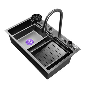 New Trend 304 SS Multifunctional One Piece Automatic Cup Washer Two Waterfall Faucet Kitchen Sinks