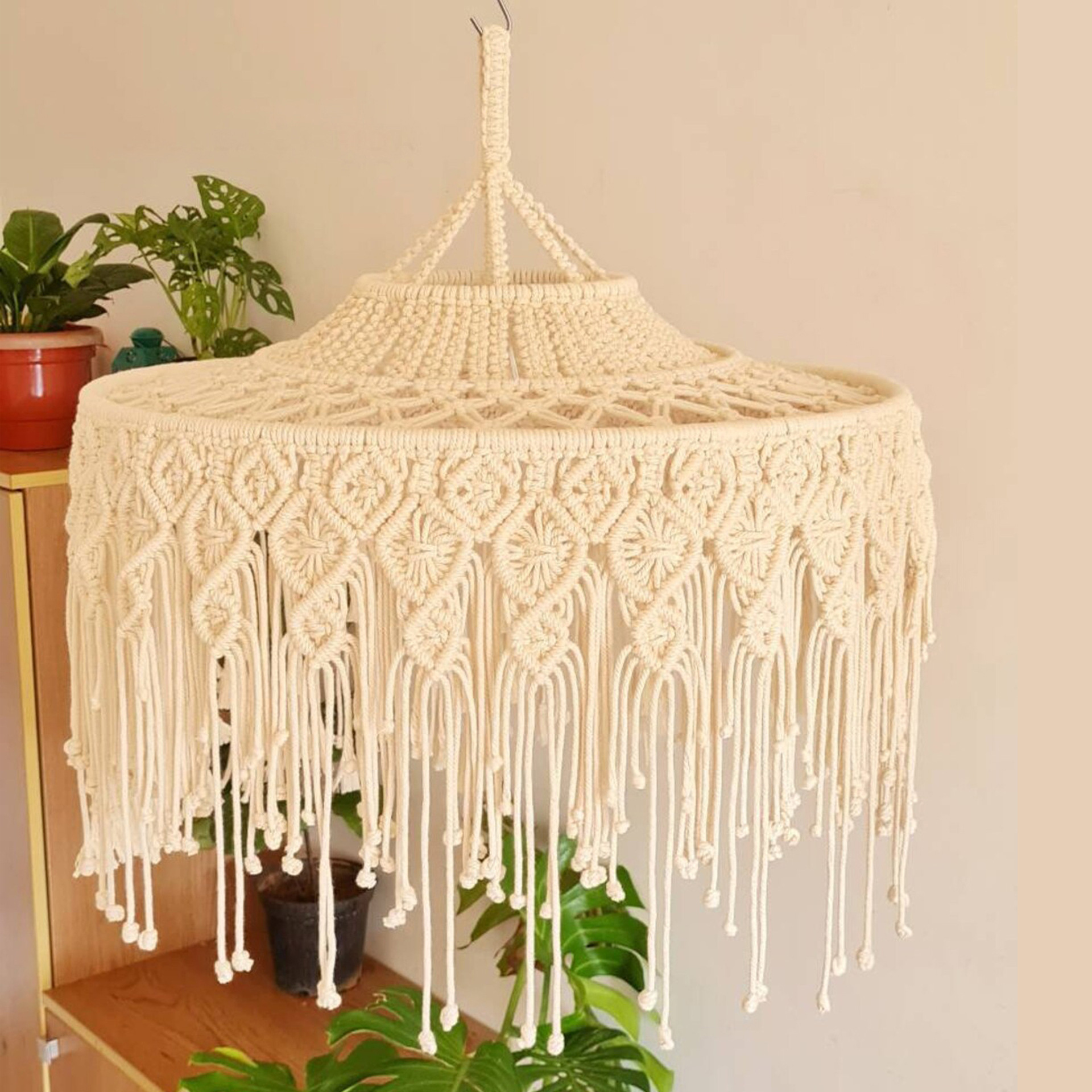 Luxurious Boho Home Decor Ceiling Large Lampshade Macrame Pendant Light Chandelier Lamp