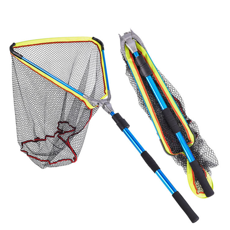 Fly Fishing Landing Net Foldable Aluminum Alloy Telescopic Soft Rubber Mesh EVA Handle Hand Net