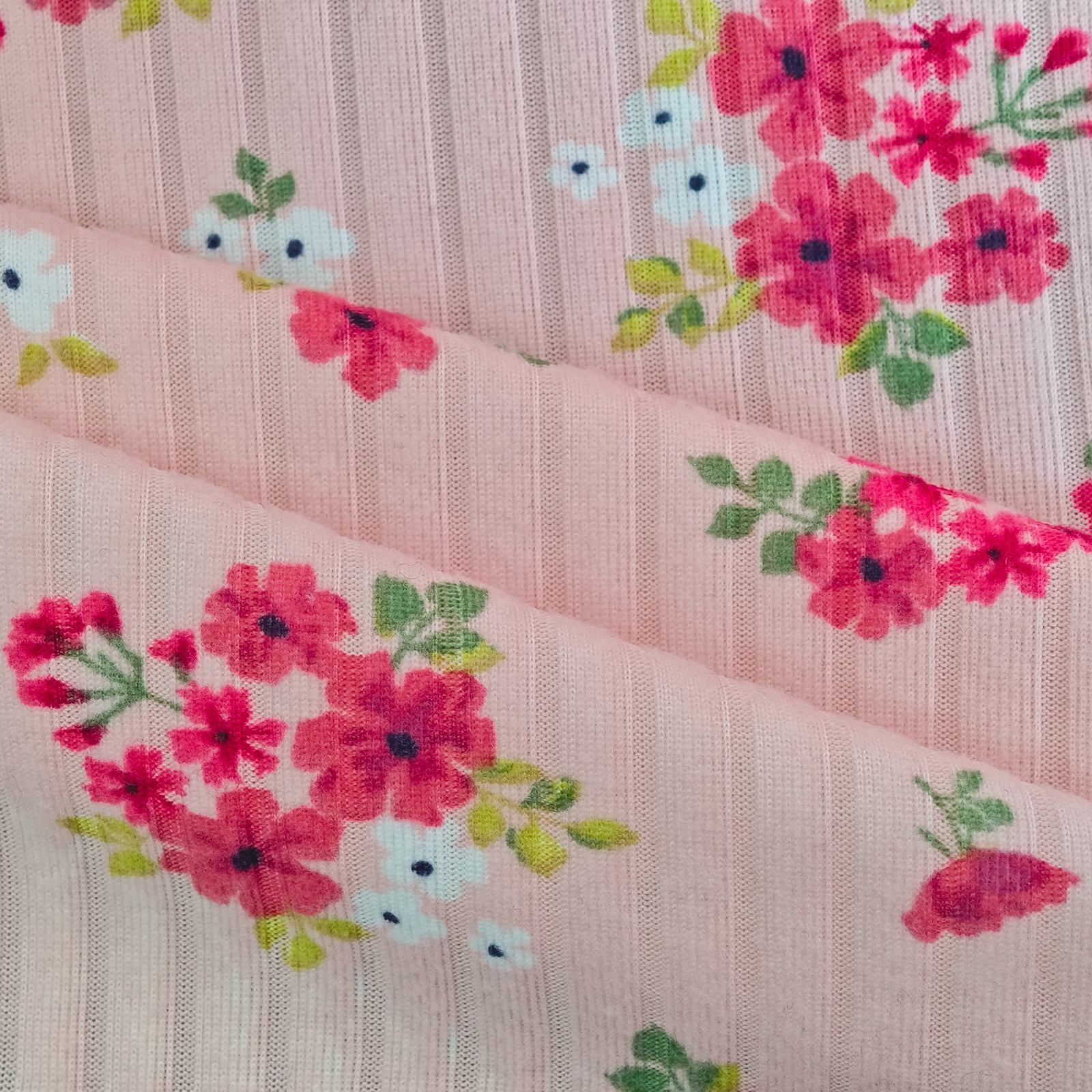 Custom Double Side Micro Brushed Polyester Spandex Water Printed One Side Stripe Floral Rib Fabric For Women Clothing