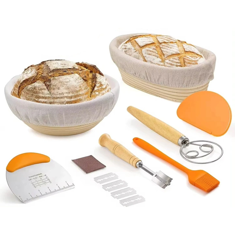 Bread Proofing Basket Set 10 inch Oval and 9 inch Round Rattan Proofing Basket with Whisk Bread Lame Scraper Brush