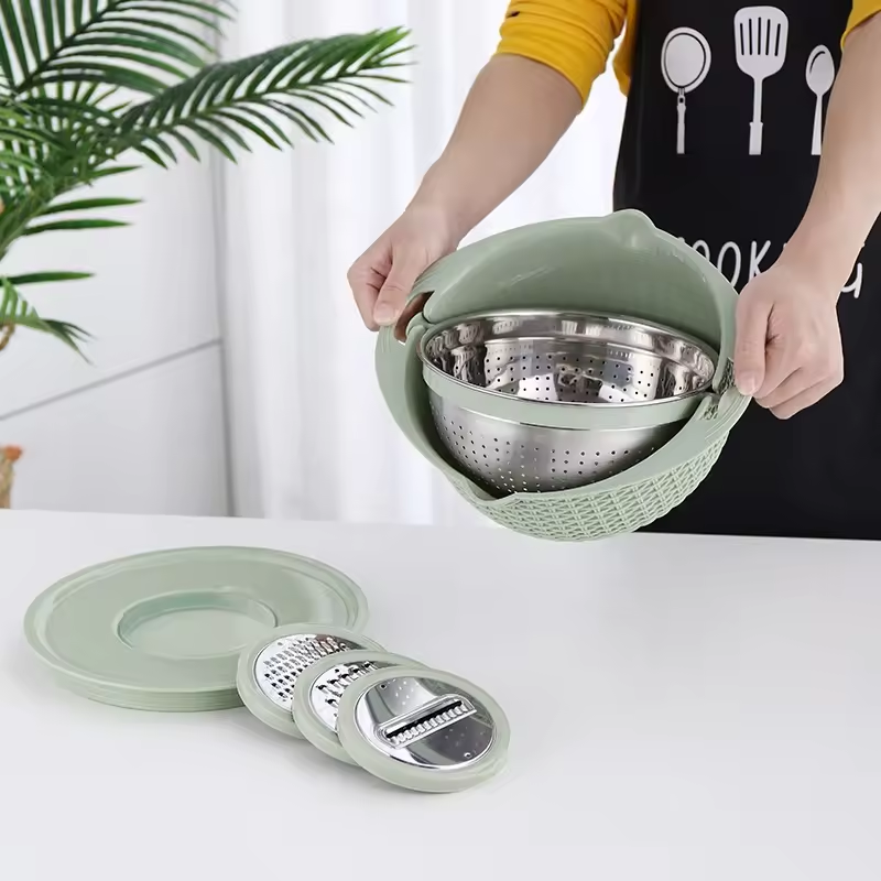 Double-layer  4 in 1 Collapsible Stainless Steel Colander Rotating Vegetable Basket with Vegetable Slicer