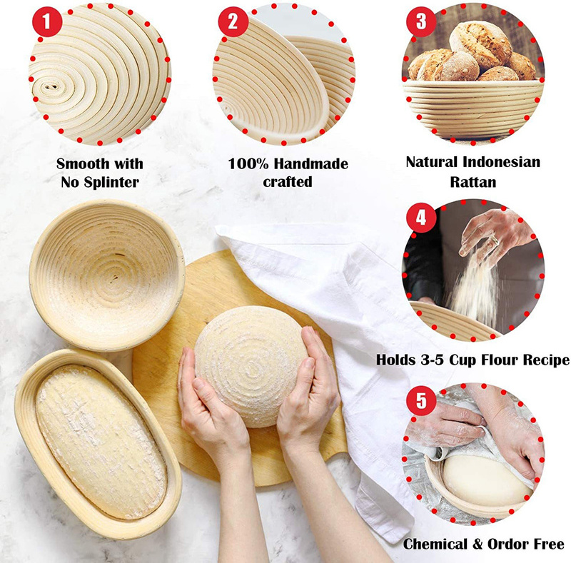 Bread Proofing Basket Set 10 inch Oval and 9 inch Round Rattan Proofing Basket with Whisk Bread Lame Scraper Brush