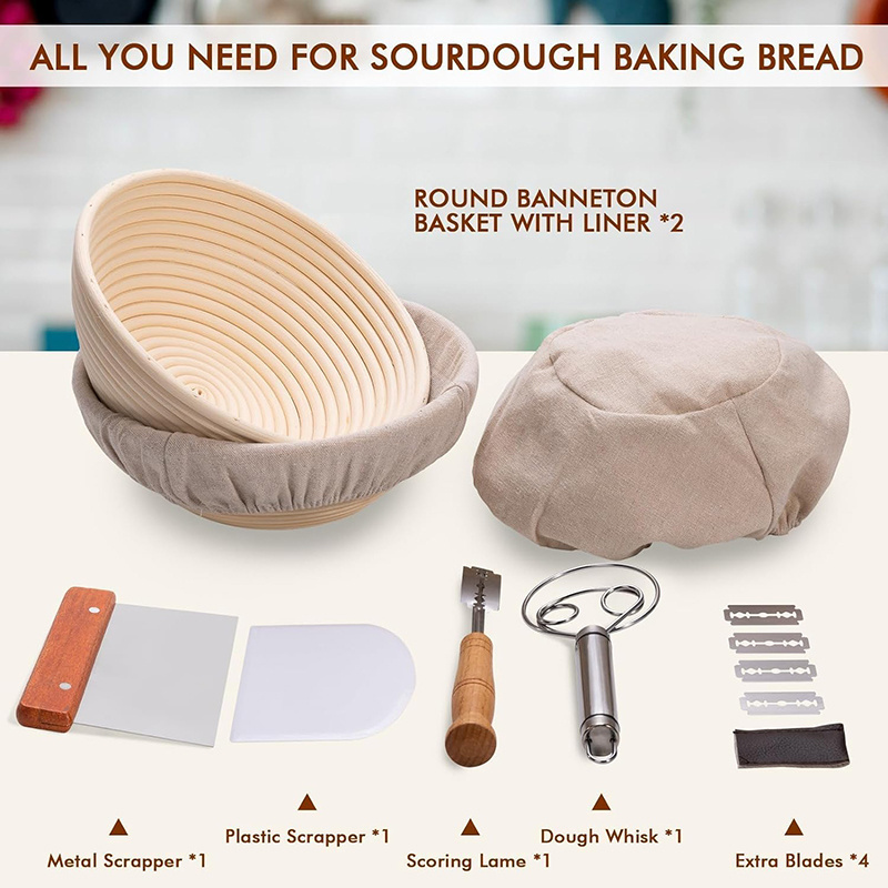 Sourdough Proofing Basket set 2 Pieces 9 inch Round Rattan Bread Proofing Basket with Whisk Bread Lame Scraper