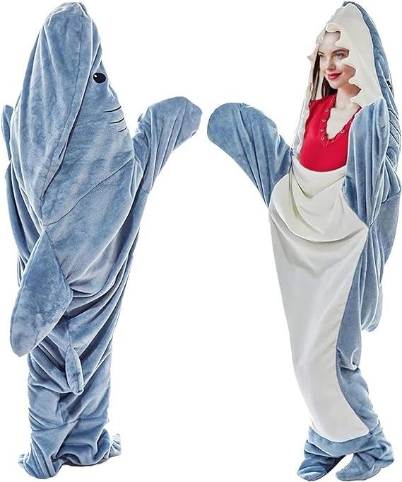 New Cozy Fluffy Fleece Onesie Wearable Full Size Shark Hoodie Blanket For Kids Adults