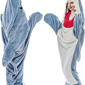 New Cozy Fluffy Fleece Onesie Wearable Full Size Shark Hoodie Blanket For Kids Adults